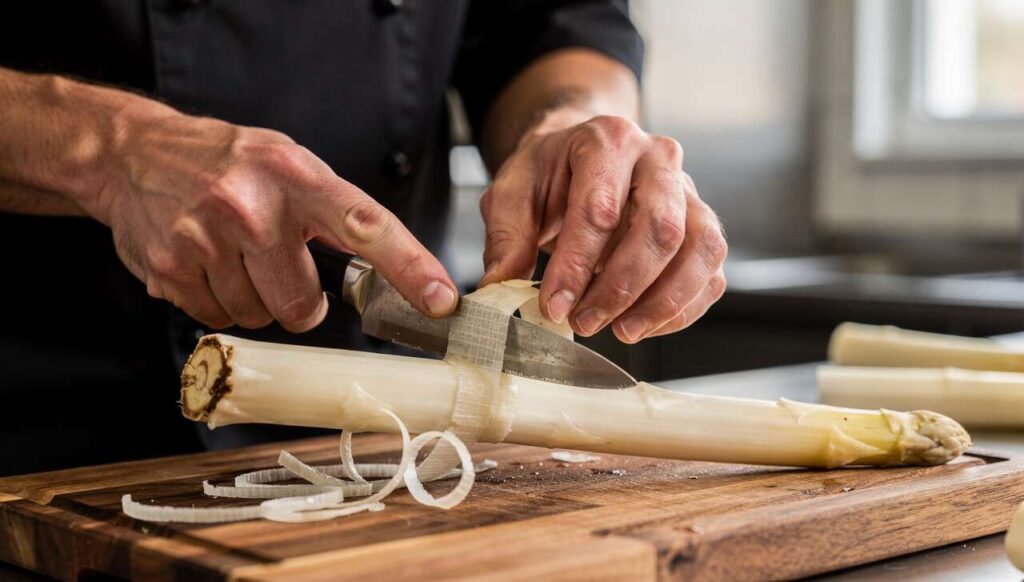 Spargel schälen wie Profiköche: Warum der Schnitt am unteren Ende entscheidend ist